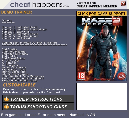 скачать Mass Effect 3 +6 трейнер от CheatHappens [Demo]