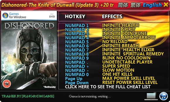 скачать Dishonored: The Knife of Dunwall: +20 Трейнер/Trainer [1.3 / Update 3] {FLiNG}