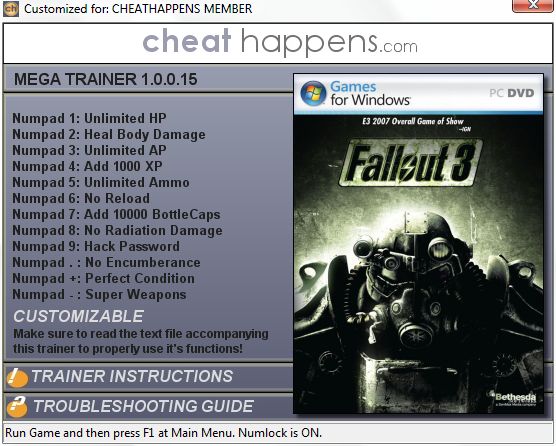 скачать Fallout 3 +12 трейнер (1.0.0.15)