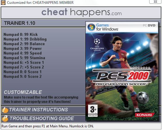 скачать Pro Evolution Soccer 2009 +10 трейнер (1.20)