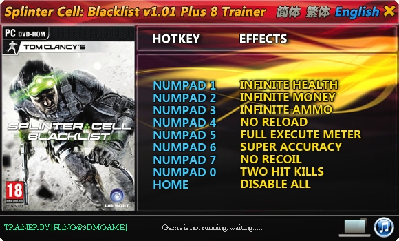 скачать Tom Clancy's Splinter Cell ~ Blacklist: +8 трейнер/Trainer [1.01: Update 1] {FLiNG}
