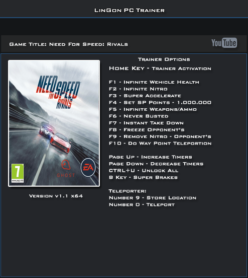 скачать Need for Speed ~ Rivals: Трейнер/Trainer (+13) [1.1: 32 & 64 Bit] 