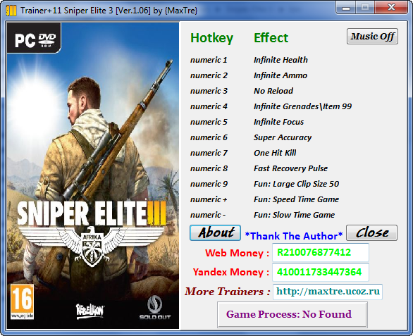 скачать Sniper Elite 3: Трейнер/Trainer (+11) [1.06]