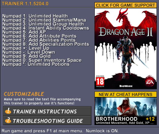 скачать Dragon Age 2: Трейнер (+13) [1.1]