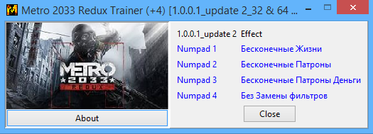 скачать Metro 2033 ~ Redux: Трейнер/Trainer (+4) [1.0.0.1_update 2_32 & 64 bit] 