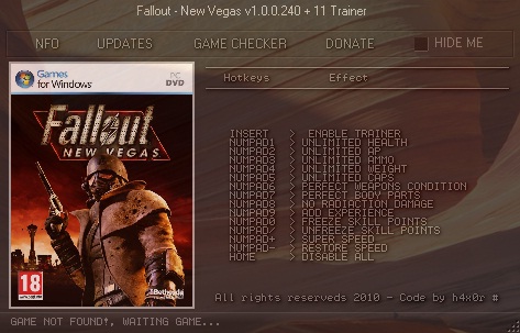скачать Fallout: New Vegas: Трейнер (+11) [1.0.0.240]