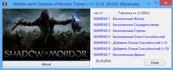 скачать Middle-earth: Shadow of Mordor: Трейнер/Trainer (+7) [v1.0 _64 bit] 