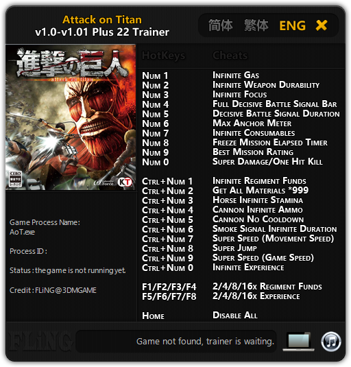 скачать Attack on Titan: Трейнер/Trainer (+22) [1.0 - 1.01]