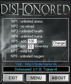 скачать Dishonored: Трейнер/Trainer (+8) [1.0]
