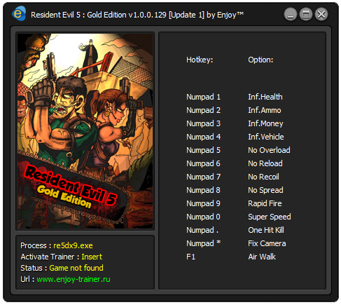 скачать Resident Evil 5 - Gold Edition : Trainer/Трейнер (+2) v1.0.0.129 [Update 1]