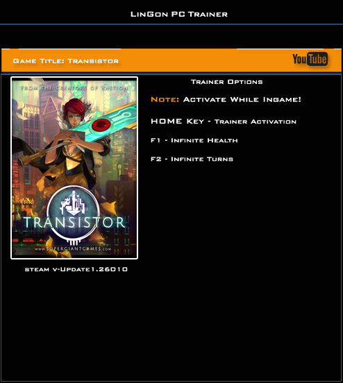 скачать Transistor: Трейнер/Trainer (+2) [1.26010: 64 Bit]