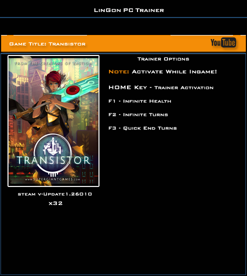 скачать Transistor: Трейнер/Trainer (+3) [1.26010: 32 Bit]