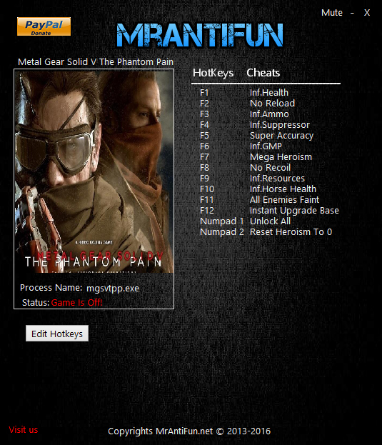 скачать Metal Gear Solid 5: The Phantom Pain: Трейнер/Trainer (+14) [1.10: #3]