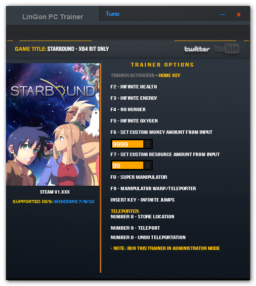 скачать Starbound: Трейнер/Trainer (+10) [1.3.3: 64 Bit]