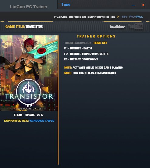 скачать Transistor: Трейнер/Trainer (+3) [UPD: 06.01.2017]