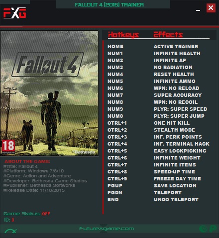 скачать Fallout 4: Трейнер/Trainer (+20) [1.0 - 1.10.64]