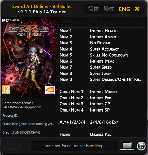 скачать Sword Art Online: Fatal Bullet: Трейнер/Trainer (+14) [v1.1.1]