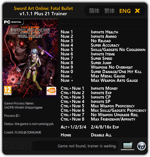 скачать Sword Art Online: Fatal Bullet: Трейнер/Trainer (+21) [v1.1.1]