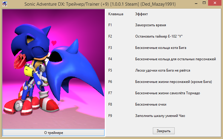 скачать Sonic Adventure DX: Трейнер/Trainer (+9) [1.0.0.1 Steam]