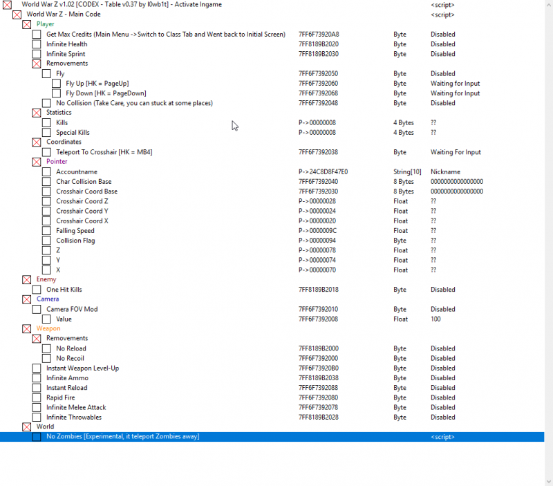 скачать World War Z: Таблица для Cheat Engine [1.02]