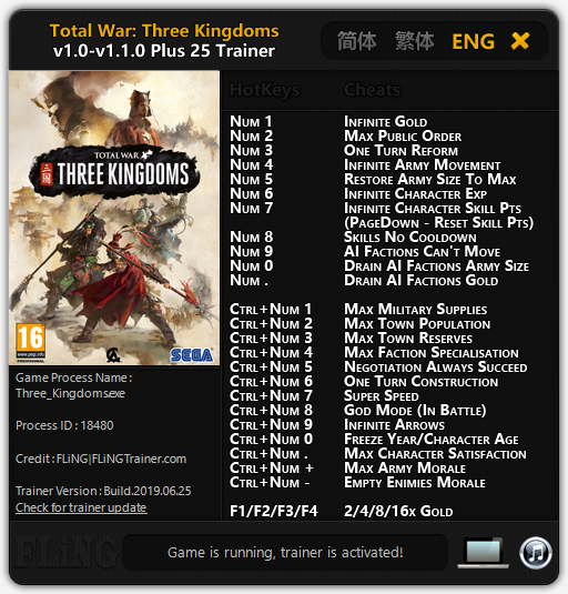 скачать Total War: Three Kingdoms: Трейнер/Trainer (+25) [1.0 - 1.1.0 (25.06.2019)]