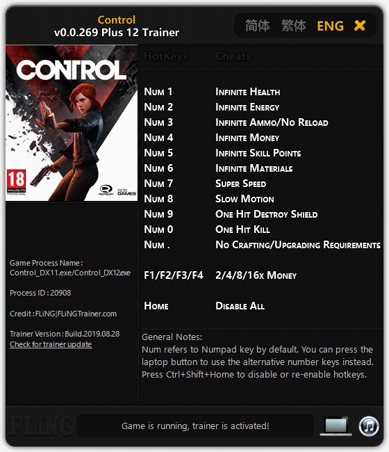скачать CONTROL: +12 трейнер v0.0.269.*+ DX11/DX12 {FLiNG}