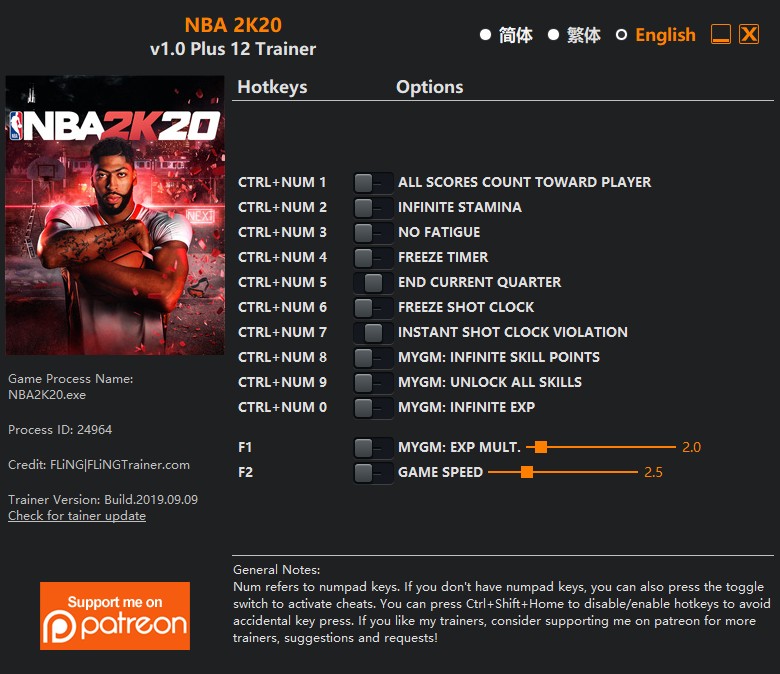 скачать NBA 2K20: +12 трейнер v1.0 {FLiNG}