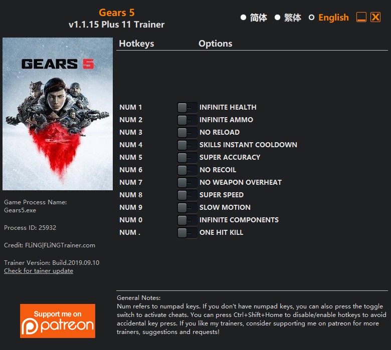 скачать Gears 5: +11 трейнер v1.1.15 {FLiNG}