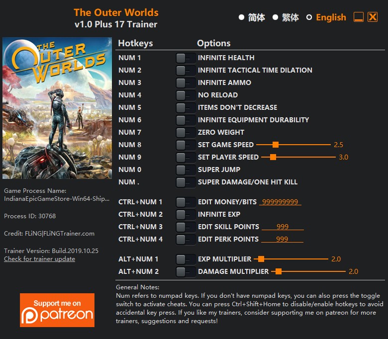 скачать The Outer Worlds: +17 трейнер v1.0 Epic Game Store/Windows Store {FLiNG}