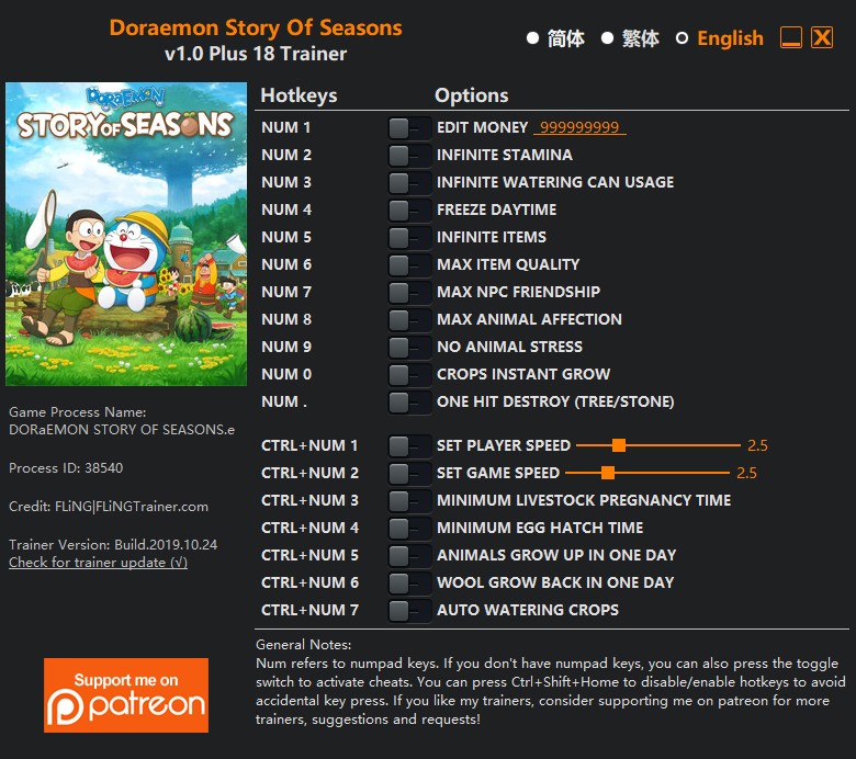 скачать Doraemon Story Of Seasons: +18 трейнер v1.0 Build 2019.10.24 {FLiNG}