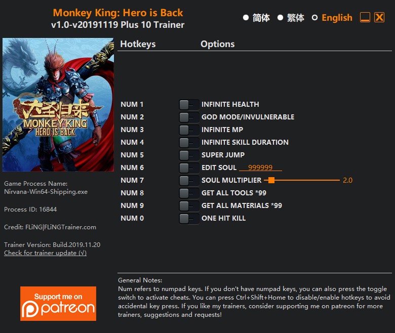 скачать MONKEY KING: HERO IS BACK - +10 трейнер v1.0-v20191119 {FLiNG}