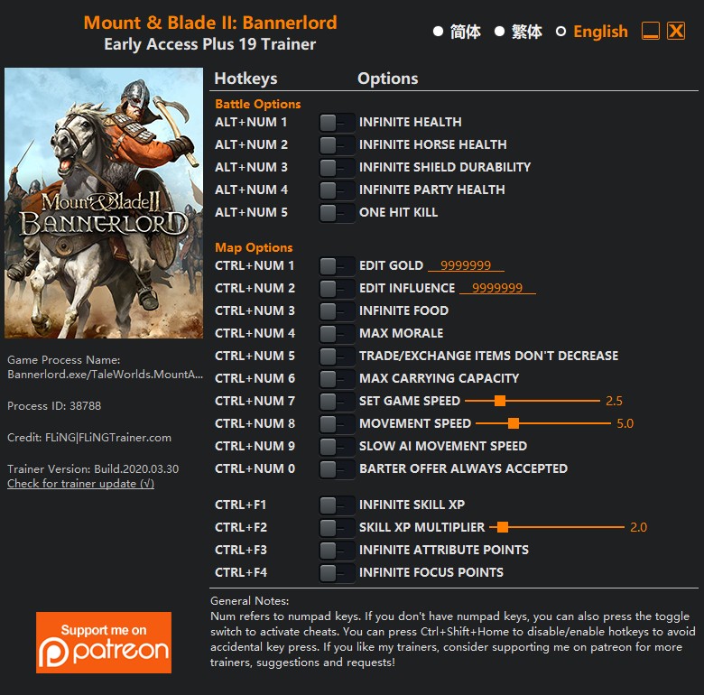 скачать Mount & Blade II: Bannerlord +19 трейнер (ранний доступ) v2020.03.30 {FLiNG}