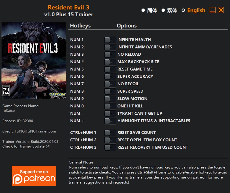 скачать Resident Evil 3: +15 трейнер v1.0 {FLiNG}