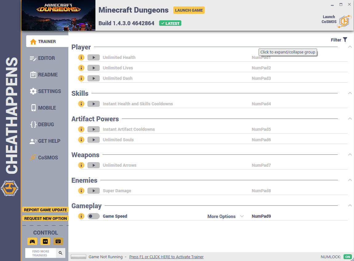 скачать Minecraft Dungeons: +15 трейнер Build 4642864 (LAUNCHER VERSION) {CheatHappens.com}