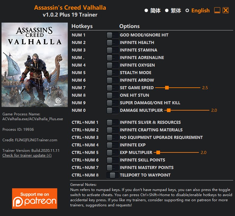 скачать Assassin's Creed: Valhalla +19 трейнер v1.0.2 {FLiNG}