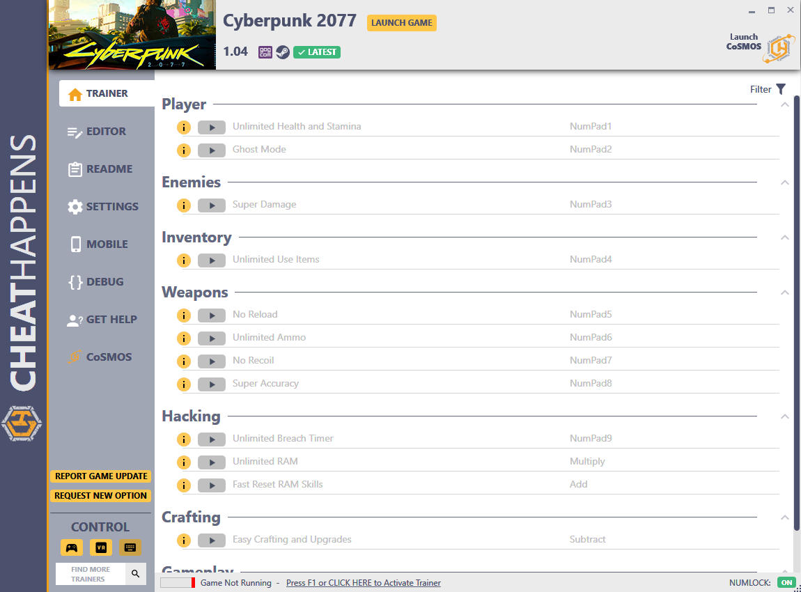 скачать Cyberpunk 2077: +47 трейнер v1.04 (STEAM+GOG) {CheatHappens.com}