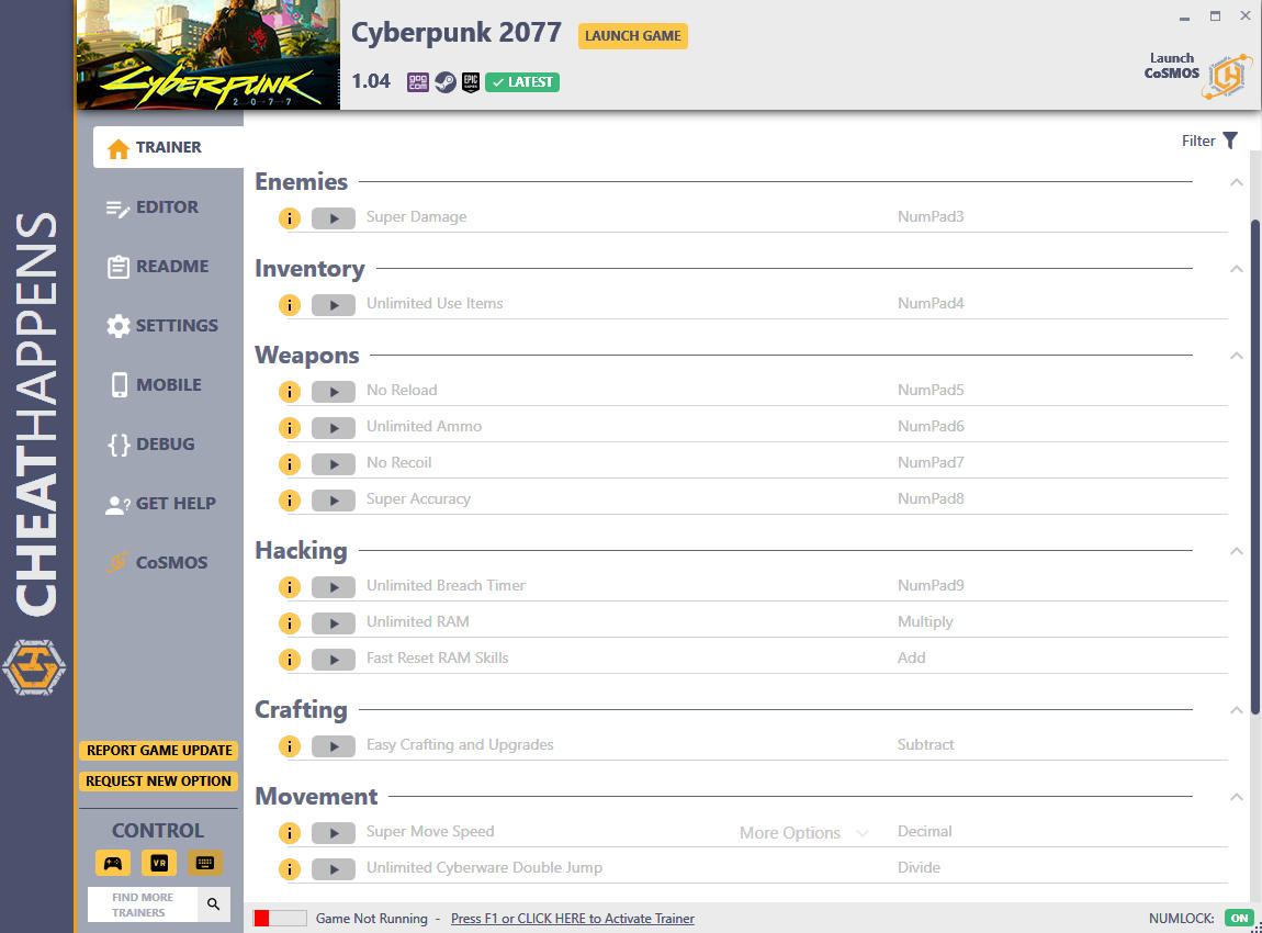 скачать Cyberpunk 2077: +53 трейнер v1.04 HF2 (STEAM+GOG+EPIC) {CheatHappens.com}