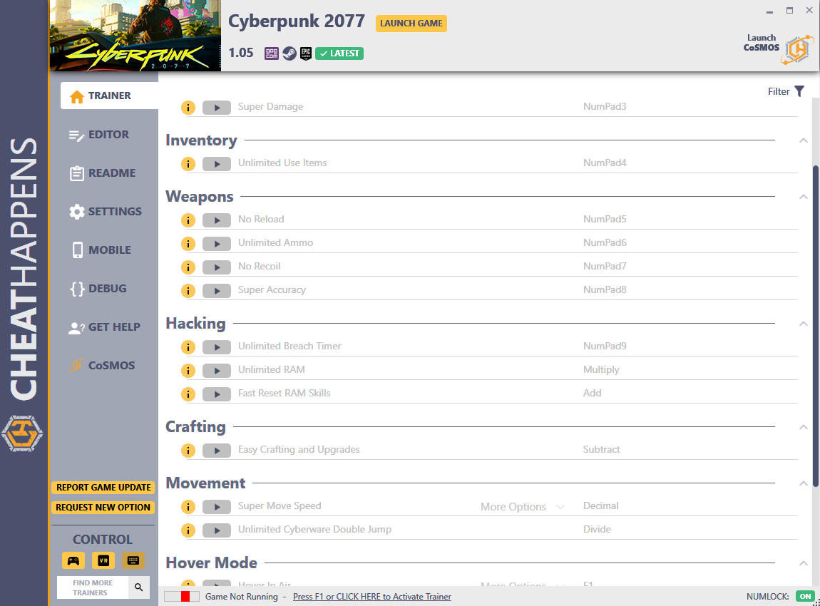 скачать Cyberpunk 2077: +53 трейнер v1.05 (STEAM+GOG+EPIC) {CheatHappens.com}