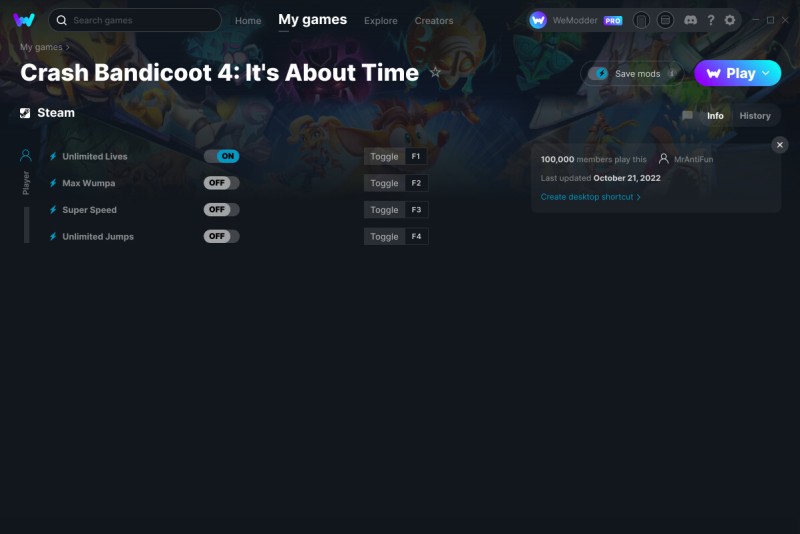скачать Crash Bandicoot 4: It's About Time +4 трейнер v21.10.2022 {MrAntiFun / WeMod}