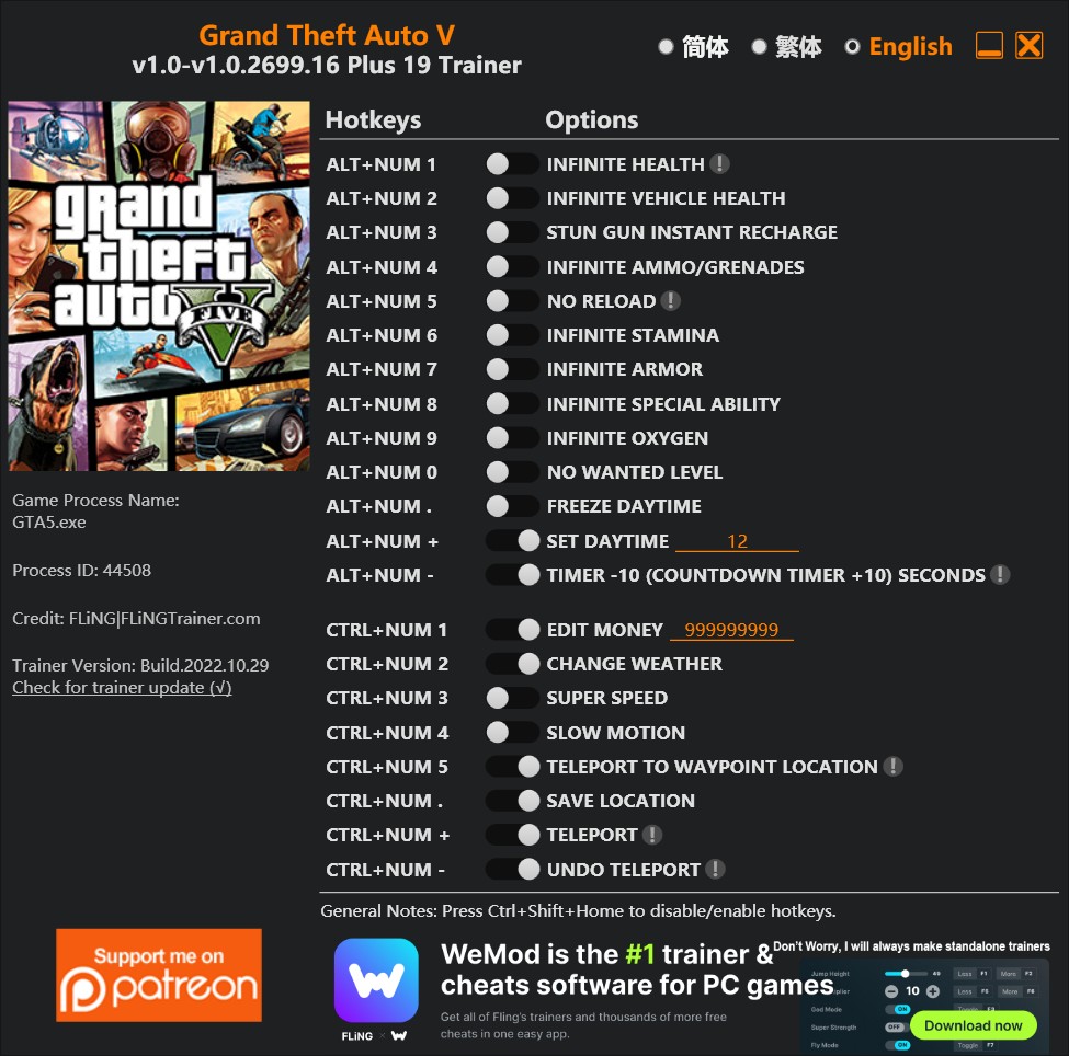 скачать Grand Theft Auto 5: +19 трейнер GTA V v1.0-v1.0.2699.16 {FLiNG}