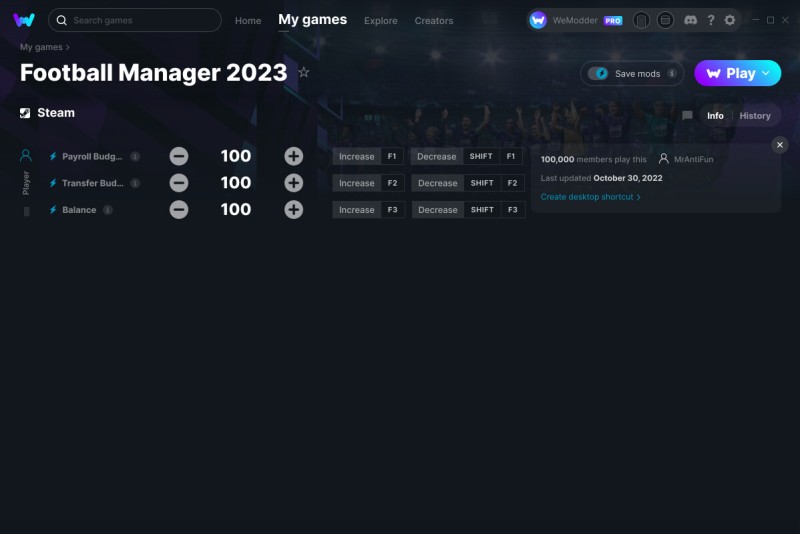 скачать Football Manager 2023: +3 трейнер v30.10.2022 {MrAntiFun / WeMod}