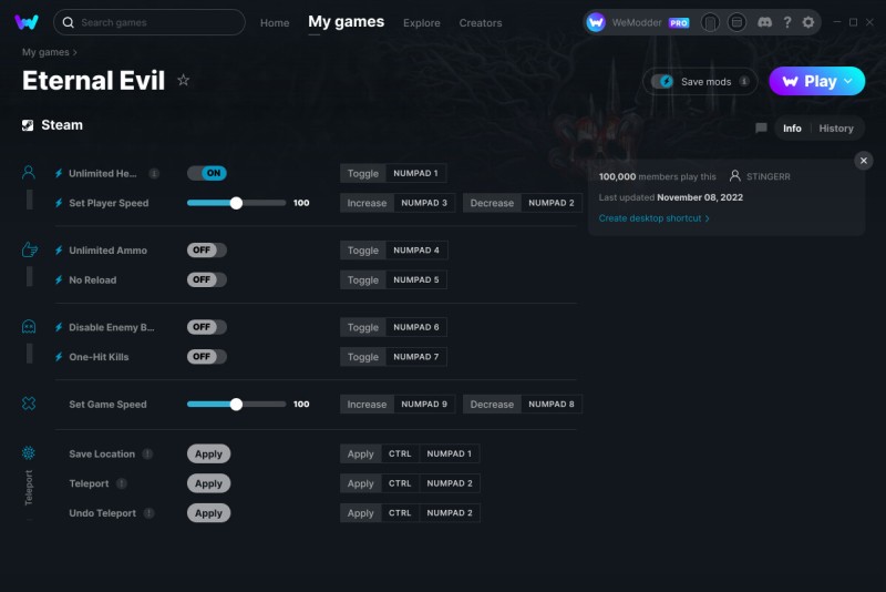 скачать Eternal Evil: +10 трейнер v08.11.2022 {STiNGERR / WeMod}