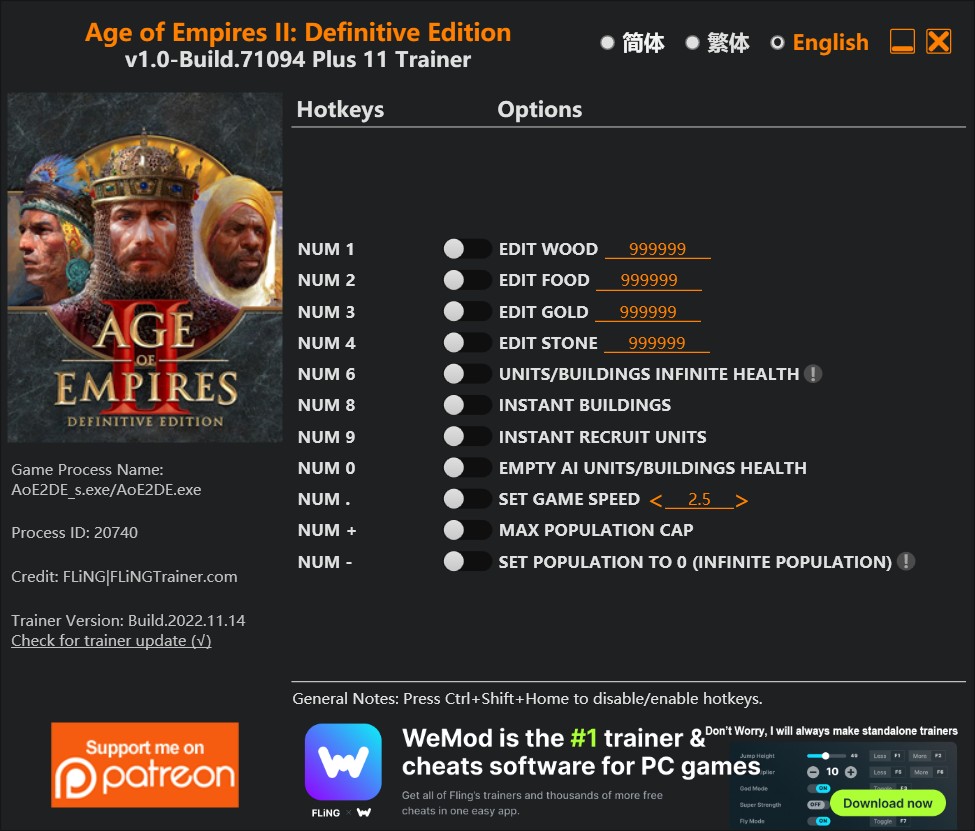 скачать Age of Empires II: Definitive Edition +11 трейнер v1.0-Build.71094 {FLiNG}