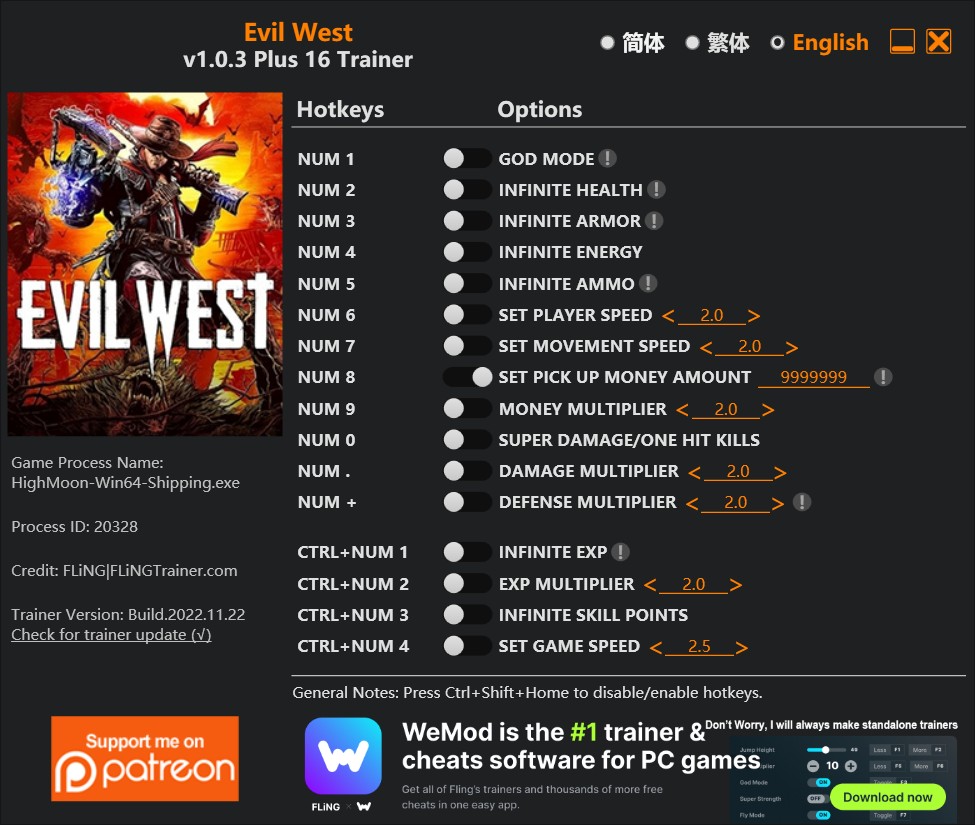 скачать Evil West: +16 трейнер v1.0.3 {FLiNG}