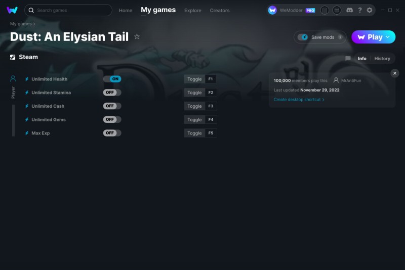 скачать Dust: An Elysian Tail +5 трейнер v29.11.2022 {MrAntiFun / WeMod}