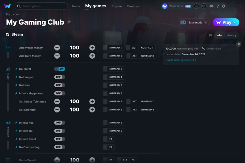 скачать My Gaming Club: +13 трейнер v26.12.2022 {GreenHouse / WeMod}