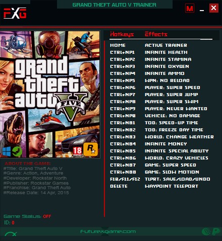 скачать Grand Theft Auto 5: +20 трейнер v1.0.2802 (1.64) {FutureX}