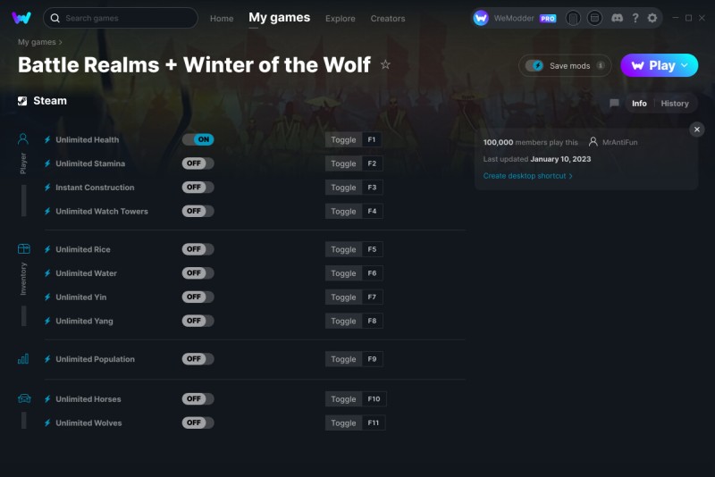 скачать Battle Realms + Winter of the Wolf: +11 трейнер v11.01.2023 {MrAntiFun / WeMod}