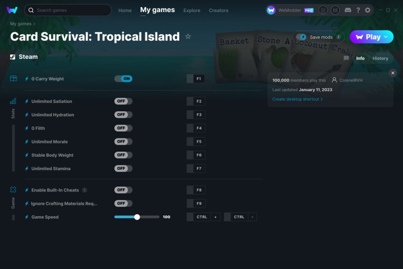скачать Card Survival: Tropical Island +10 трейнер v11.01.2023 {ColonelRVH / WeMod}