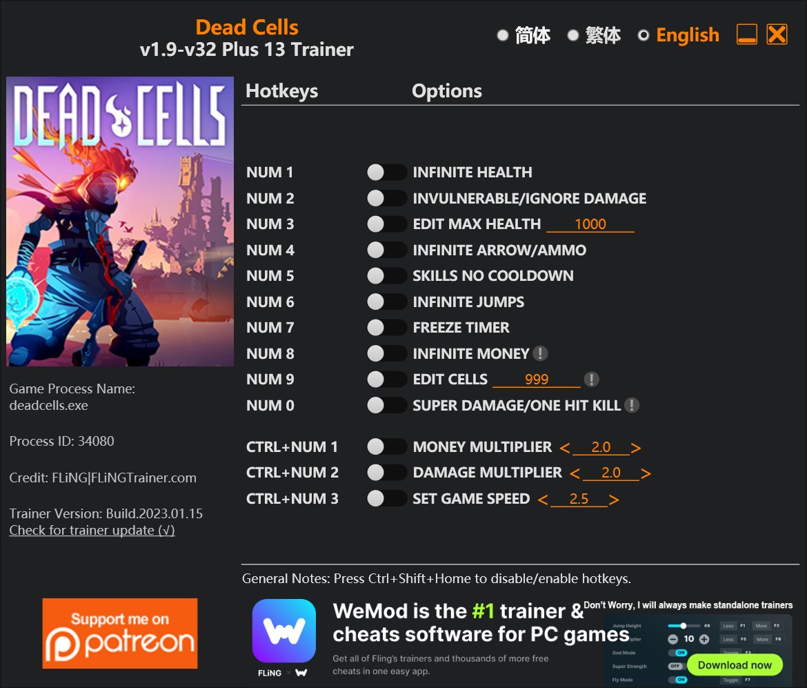 скачать Dead Cells: +13 трейнер v1.9-v32 {FLiNG}